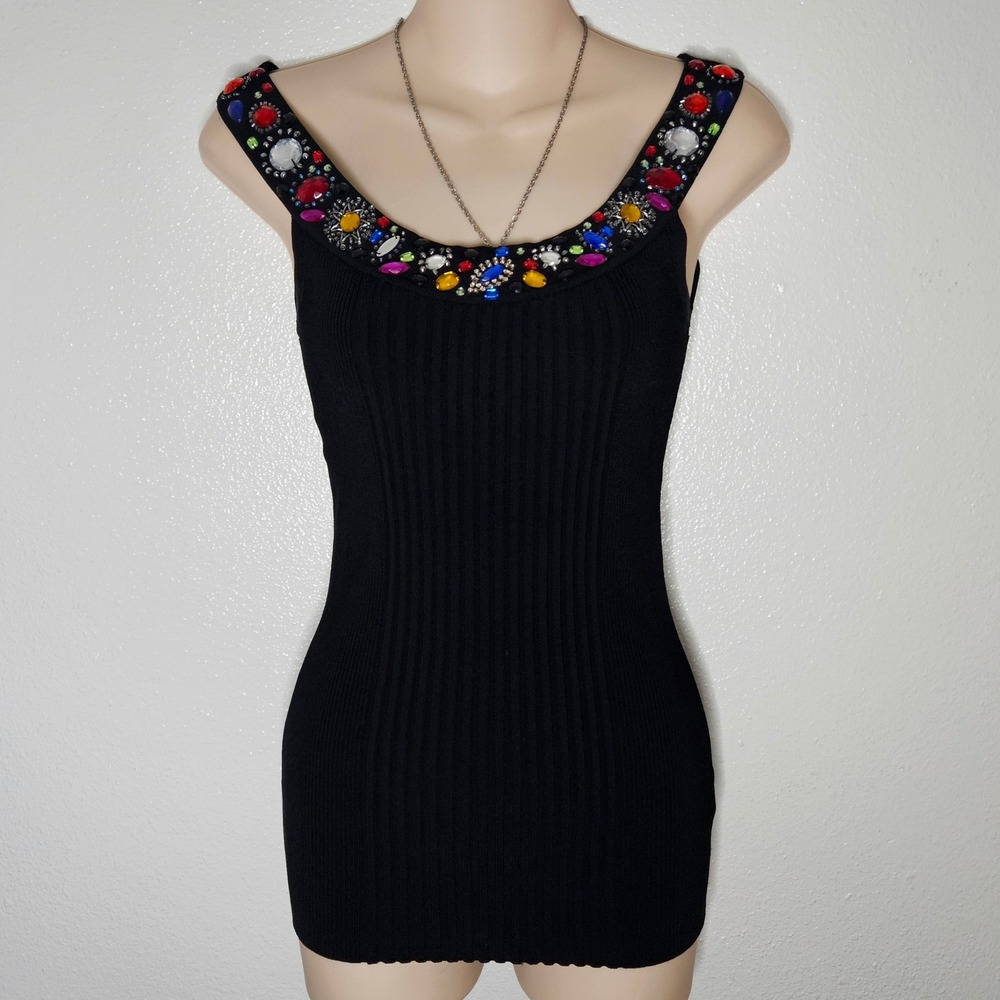 Cache Black Ribbed Knit Jewel Embellished Scoop Neck Tank Top